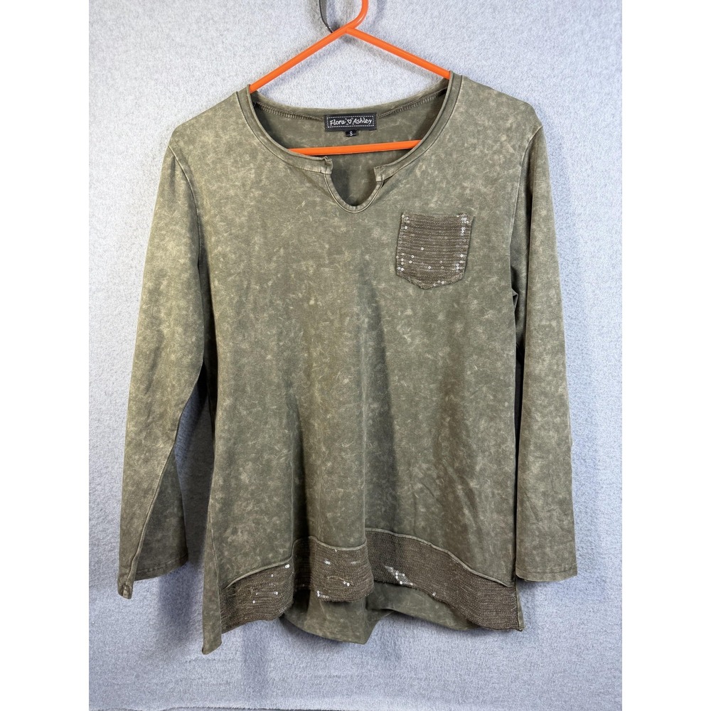 Flora Ashley Shirt Womens Small Green Mineral Wash Long Sleeve Sequin Tunic Top